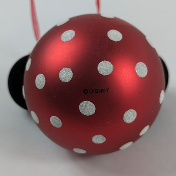 Disney Minnie Mouse Polka‑Dot Bow Glass Ornament 4″ Tall Red Black Velour Ears - Picture 3 of 7